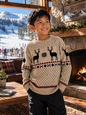 Class Club Boys Fair Isle Reindeer Christmas Sweater Size 8 Beige Knit
